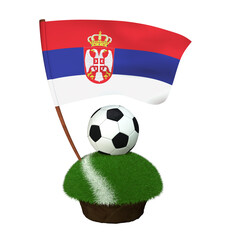 Ball for playing football and national flag of Serbia on field with grass