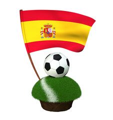 Ball for playing football and national flag of Spain on field with grass