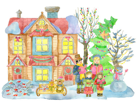 Watercolor illustration with family singing Christmas carols, funny animal, beautiful vintage houses and nature isolated on white.