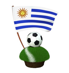 Ball for playing football and national flag of Uruguay on field with grass