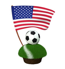 Ball for playing football and national flag of USA on field with grass