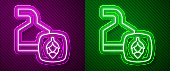 Glowing neon line Traditional brewing vessels in brewery icon isolated on purple and green background. Beer brewing process. Distillery plant, brewery. Vector