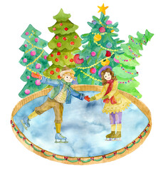 Watercolor illustration with girl and boy skating on rink against decorated conifer trees isolated on white.