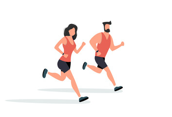 Fototapeta na wymiar Running Man and Woman on white background. Couple run. Vector illustration on modern style