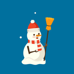 Cute Smiling Snowman Wear Santa Hat with Broom in Hand. Christmas Character. Happy New Year and Merry Xmas Personage
