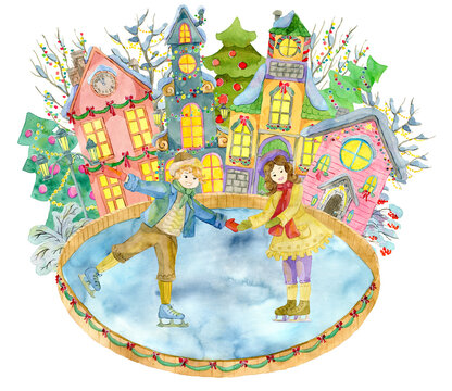 Watercolor illustration with boy and girl skating on rink, beautiful vintage houses and nature isolated on white.