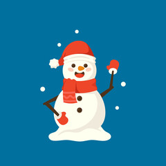 Friendly Snowman Wear Santa Hat with Scarf Waving Hand. Isolated Design Element for Greeting Card. Christmas Character