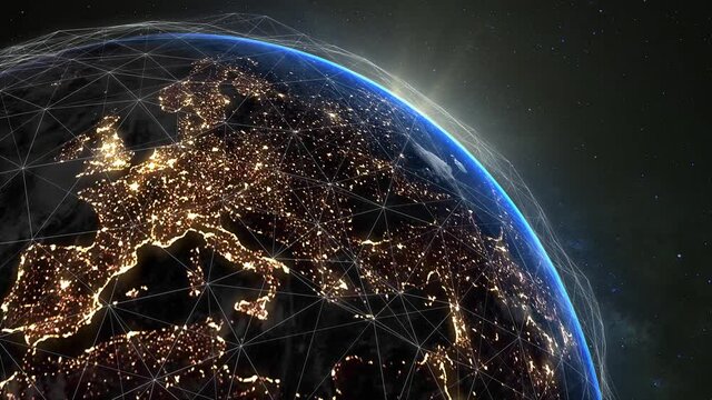 Global Digital Network Around Planet Earth. Big Data Cloud. World Connections with Plexus Lines. Seamless loop, 3d animation. High quality 4k footage