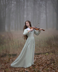 Young girl with violin in autumn misty forest