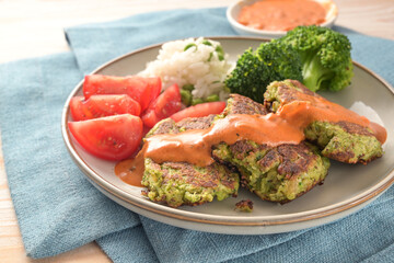 Broccoli patties with tomato, rice, vegetables and hot sauce, vegetarian and vegan meal on a blue napkin and a light wooden table, selected focus