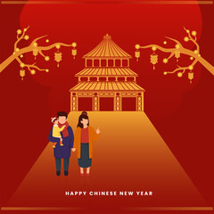 Happy Chinese New Year Concept With Faceless Chinese Young Couple And A Baby, Golden Sakura Branches, Lanterns Hang On Heaven Temple Red Background.