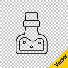 Black line Bottle with potion icon isolated on transparent background. Flask with magic potion. Happy Halloween party. Vector
