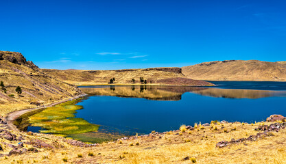 Fototapeta na wymiar Lake Umayo at Sillustani, a pre-Incan cemetery near Puno in Peru