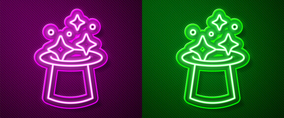 Glowing neon line Magic hat icon isolated on purple and green background. Magic trick. Mystery entertainment concept. Vector