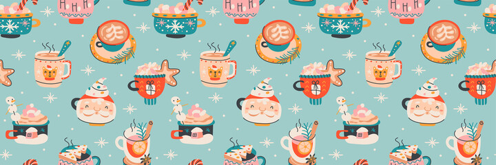 Christmas seamless pattern with xmas coffee cups. Vector winter elements design in hand drawn style for textile, fabric, paper, scrapbook, packaging and other prints. Happy New Year.