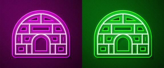 Glowing neon line Igloo ice house icon isolated on purple and green background. Snow home, Eskimo dome-shaped hut winter shelter, made of blocks. Vector