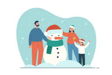 Happy family making snowman outdoor. Mother, father and child in winter clothes in december on snowy background. Winter activities concept. Modern flat vector illustration