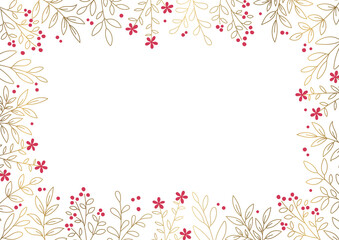 Floral Decoration Frame, Golden Line-drawing and Pink Accent on White Background