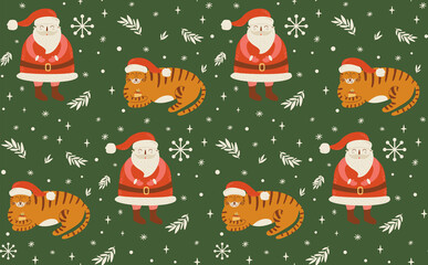 Christmas tiger seamless pattern. Cute childish Santa Claus character, tiger, cnowflakes, branches on green background. New Year 2022 Merry Christmas vector illustration. Hand drawn textile design.