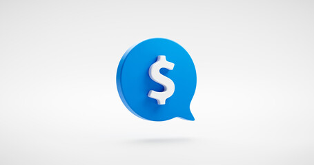 Blue money symbol or dollar cash coin icon message bubble and finance business payment currency sign isolated on white 3d background with investment commerce exchange financial wallet savings credit.