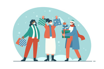 Happy friends in masks holding christmas presents. Three women in winter clothes carry new year presents and shopping bags on snowy background. Christmas sale concept. Modern flat vector illustration