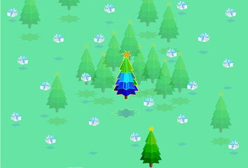 Video-game-like scene, gifts falling down like snow, 3D glowing Christmas trees floating  in a forest, presents a  hi tech, futuristic  and happy feeling. Isolated vector. 
