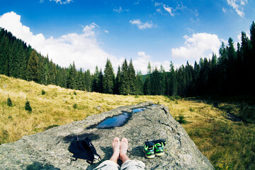 Sunny day on dolomites,  rest in the forest
