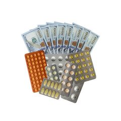 Pills and money.  Diseases. Health care. Paid medicine.  Dollar