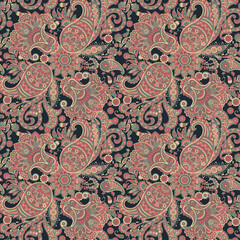 Floral seamless pattern with paisley ornament. Vector illustration in asian textile style 