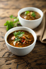 Traditional homemade lentil soup with vegetables