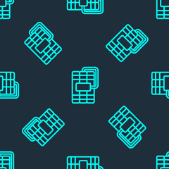 Fototapeta premium Green line Detonate dynamite bomb stick and timer clock icon isolated seamless pattern on blue background. Time bomb - explosion danger concept. Vector