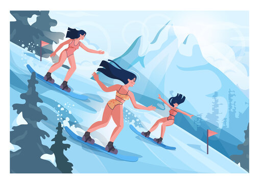 Snowboarder girls in bikini. Female characters on snowboard riding down