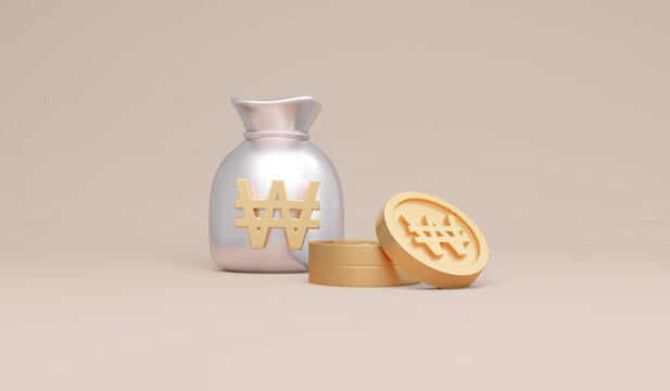 3D Rendering symbols Korean won money bag and coins concept of money currencies. 3D Render. 3d illustration.