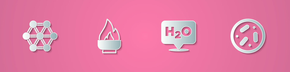 Set paper cut Molecule, Alcohol or spirit burner, Chemical formula for H2O and Petri dish with bacteria icon. Paper art style. Vector