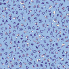 Floral seamless pattern. Cute little flowers, hand drawn botanical vector illustration. Print for fabric, paper, stationery and other surfaces