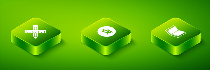 Set Isometric Square root of x glyph, Open book and Crossed ruler and pencil icon. Vector