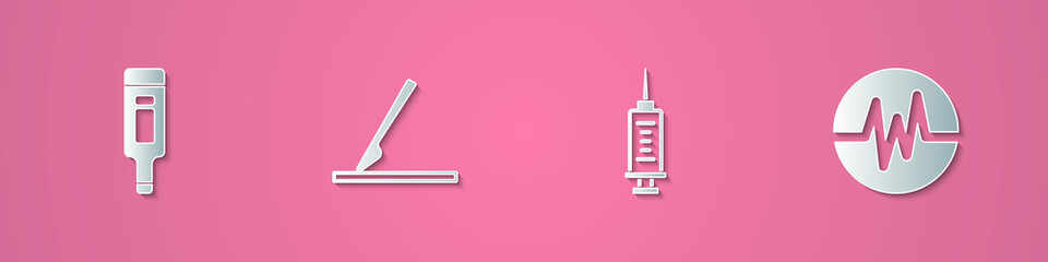Set paper cut Digital thermometer, Medical surgery scalpel, Syringe and Heart rate icon. Paper art style. Vector