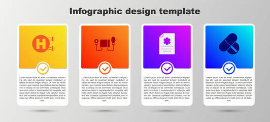 Set Hospital signboard, Blood pressure, Clinical record and Medicine pill tablet. Business infographic template. Vector