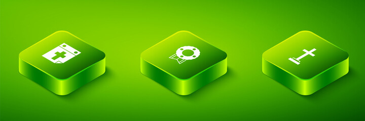 Set Isometric Memorial wreath, Grave with cross and Calendar death icon. Vector