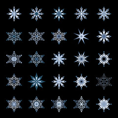 Blue Steel Snowflakes Set. Flat style.  Symbol of winter, Christmas, New Year holiday. Blue steel silhouette  on black background. Vector illustration.