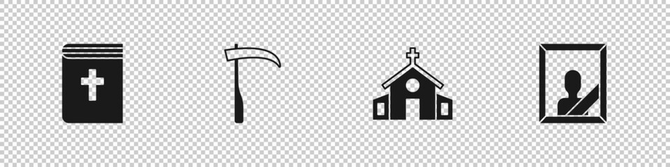 Set Holy bible book, Scythe, Church building and Mourning photo frame icon. Vector