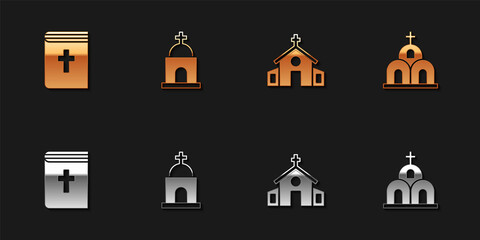 Set Holy bible book, Old crypt, Church building and icon. Vector