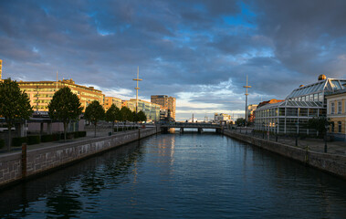 Malmo, Sweden - 2021: Landmarks in the city, the most beautiful buildings from it photographed during a summer sunrise. Travel photography in Europe.