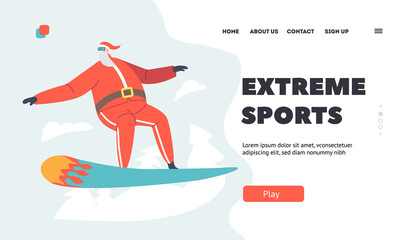 Extreme Sports Landing Page Template. Santa Claus Character Winter Activity and Fun. Sportsman Snowboarding Stunts