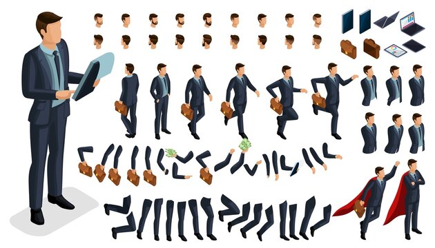 Large isometric Set of gestures of hands and feet of men, 3D character businessman. Create your own isometric office worker walks around or sits for vector illustrations