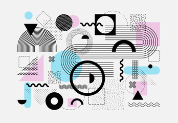 Abstract Bauhaus or Memphis geometric shapes and composition. Retro elements, geometric pattern for banner, poster, leaflet. Design background vector geometric
