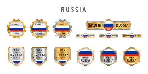 Made in Russia Label, Stamp, Badge, or Logo. With The National Flag of Russia. On platinum, gold, and silver colors. Premium and Luxury Emblem