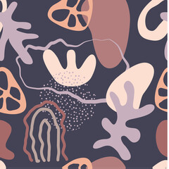 Seamless pattern. Abstract trendy doodle in organic freehand matisse art style. Various Shapes and objects. Contemporary modern icons templates for posters, Social media. Vector