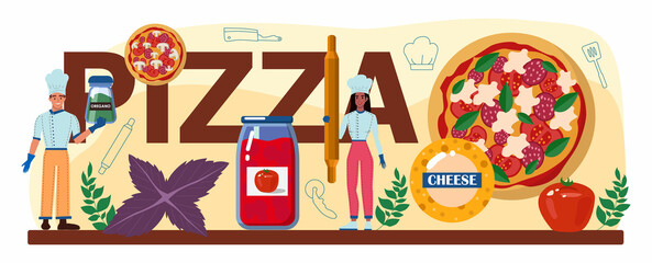 Pizza typographic header. Chef cooking tasty delicious pizza.