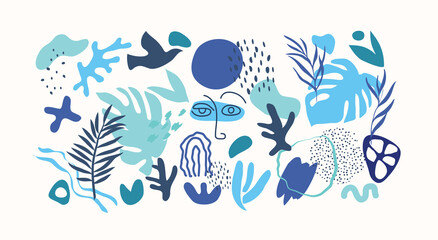 Fototapeta premium Abstract trendy doodle in organic freehand matisse art style. Hand drawn various Shapes and objects. Contemporary modern icons templates for posters, Social media. Vector